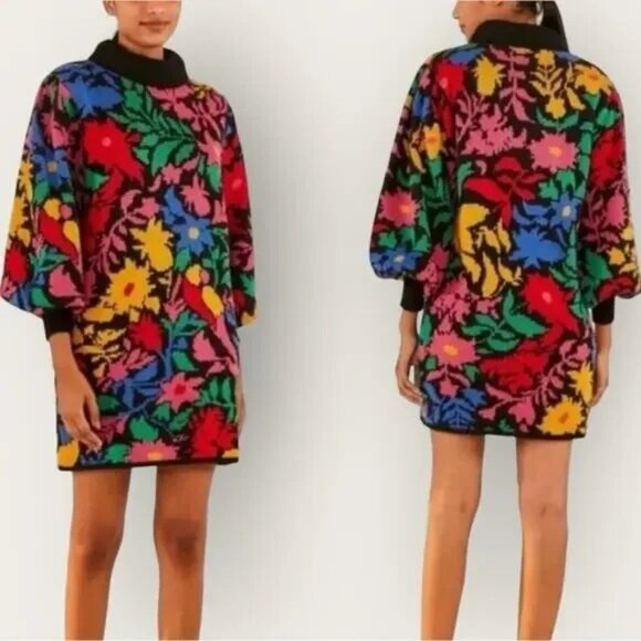 Farm Rio Tropical Garden Vibrant Multi Puff Sleeve Turtleneck Sweater Dress S - Picture 2 of 10